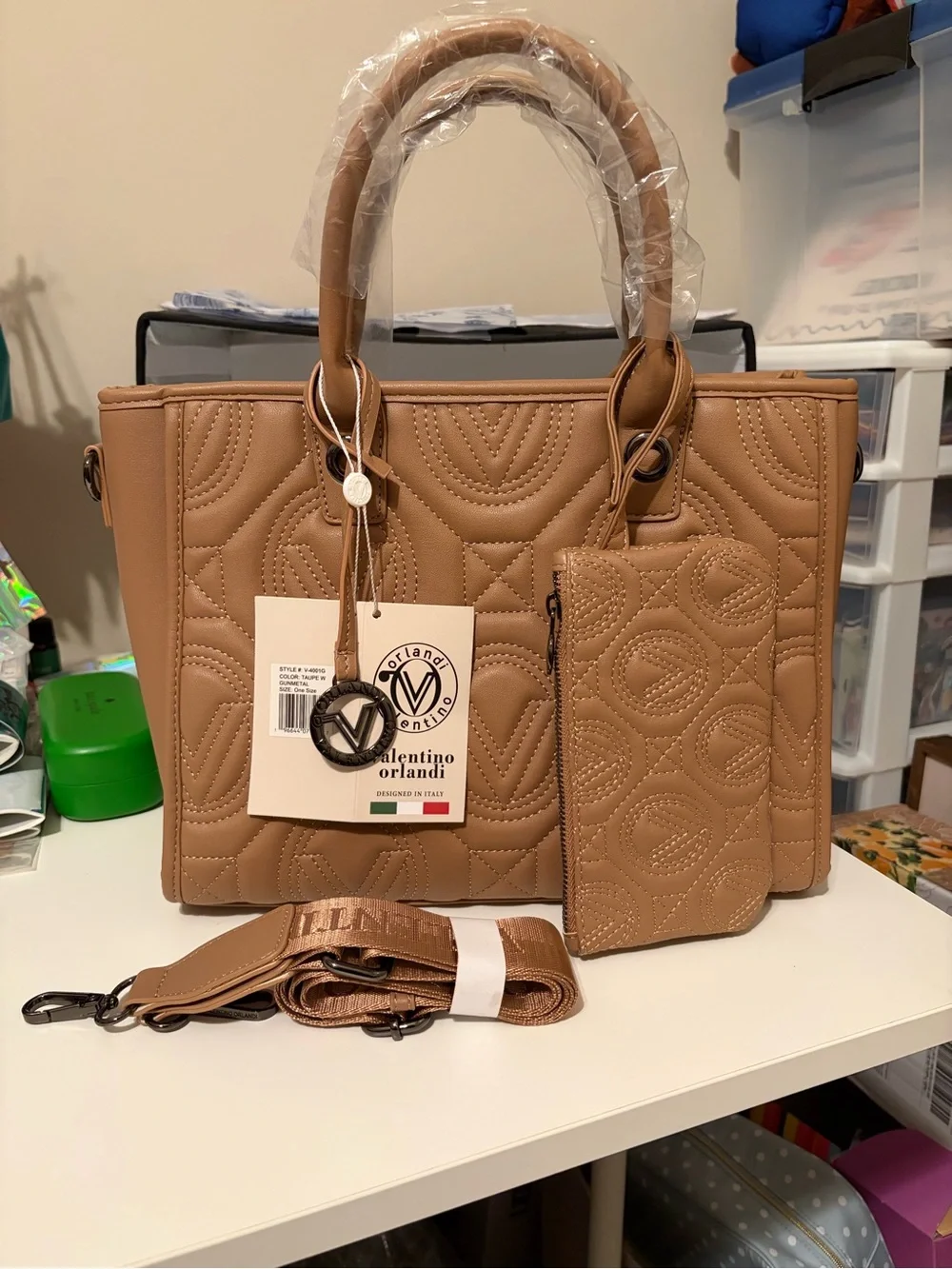 Valentino Orlandi Cognac Quilted Tote with Detachable Strap & Coin Pouch